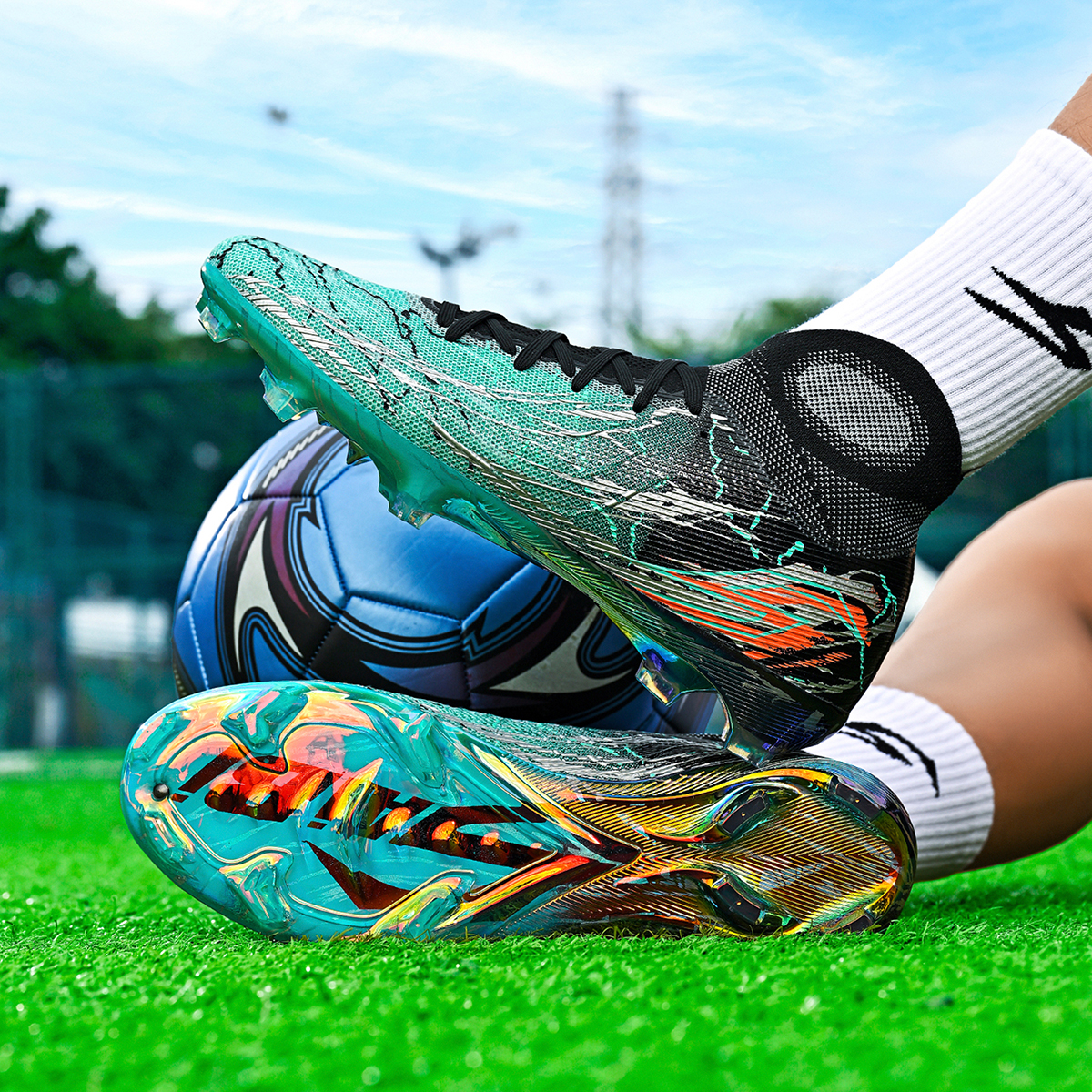 308J035-Holographic Gold Sole Soccer Cleats Sizes 35-45 — 4