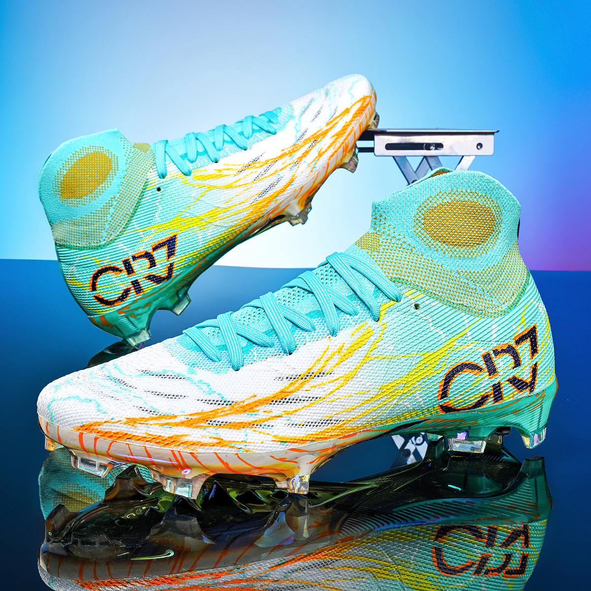 305J035XC-Holographic Gold Sole High-Cut Soccer Cleats Sizes 35-45 — 2