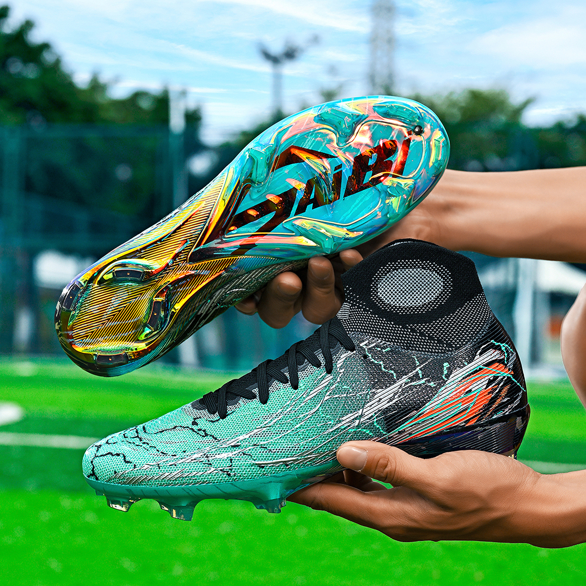 308J035-Holographic Gold Sole Soccer Cleats Sizes 35-45 — 2